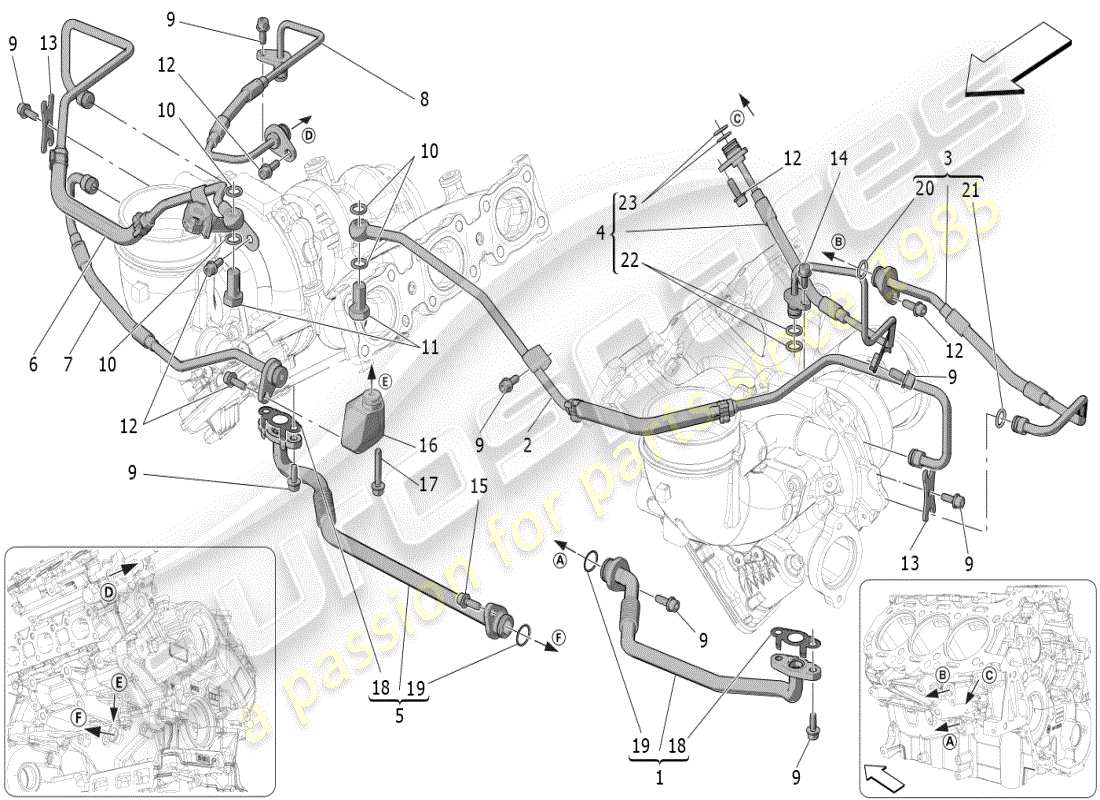 maserati mc20 (2024) système de turbocompression : lubrification et refroidissement schéma des pièces