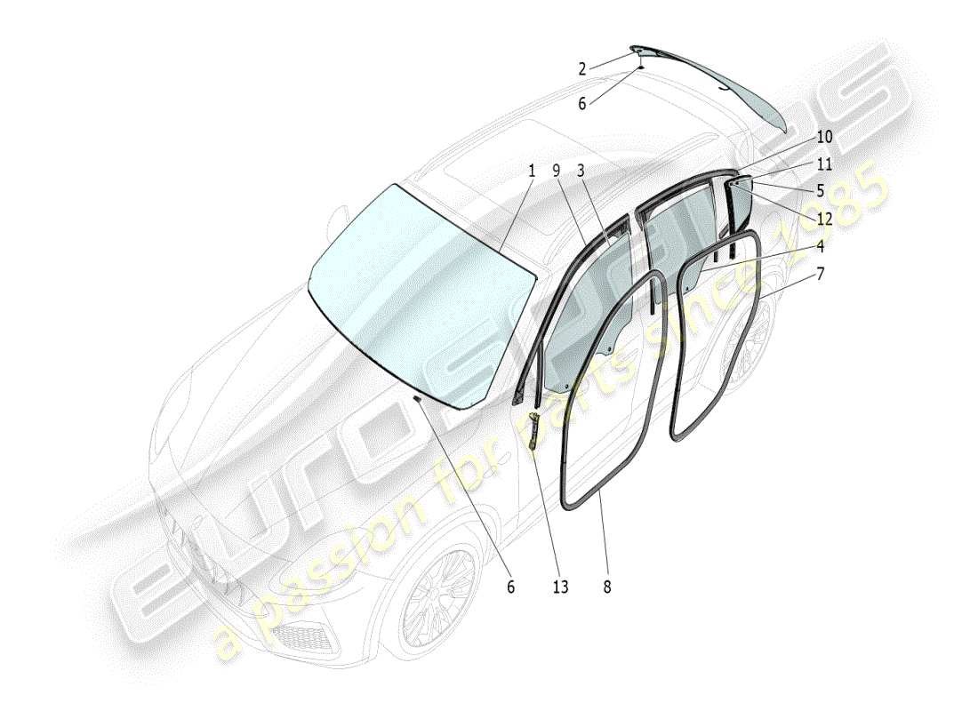 maserati grecale modena (2023) diagramme de pièces de fenêtres et de bandes de fenêtre