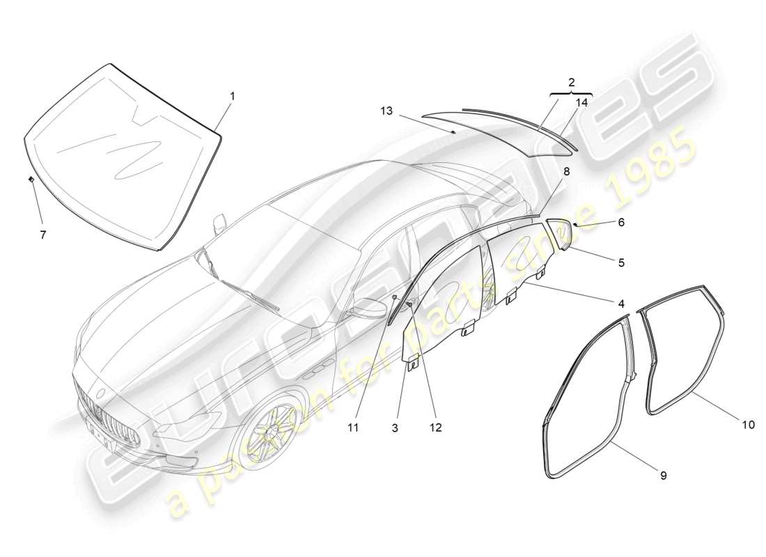 maserati quattroporte (2018) diagramme de pièces de fenêtres et de bandes de fenêtre
