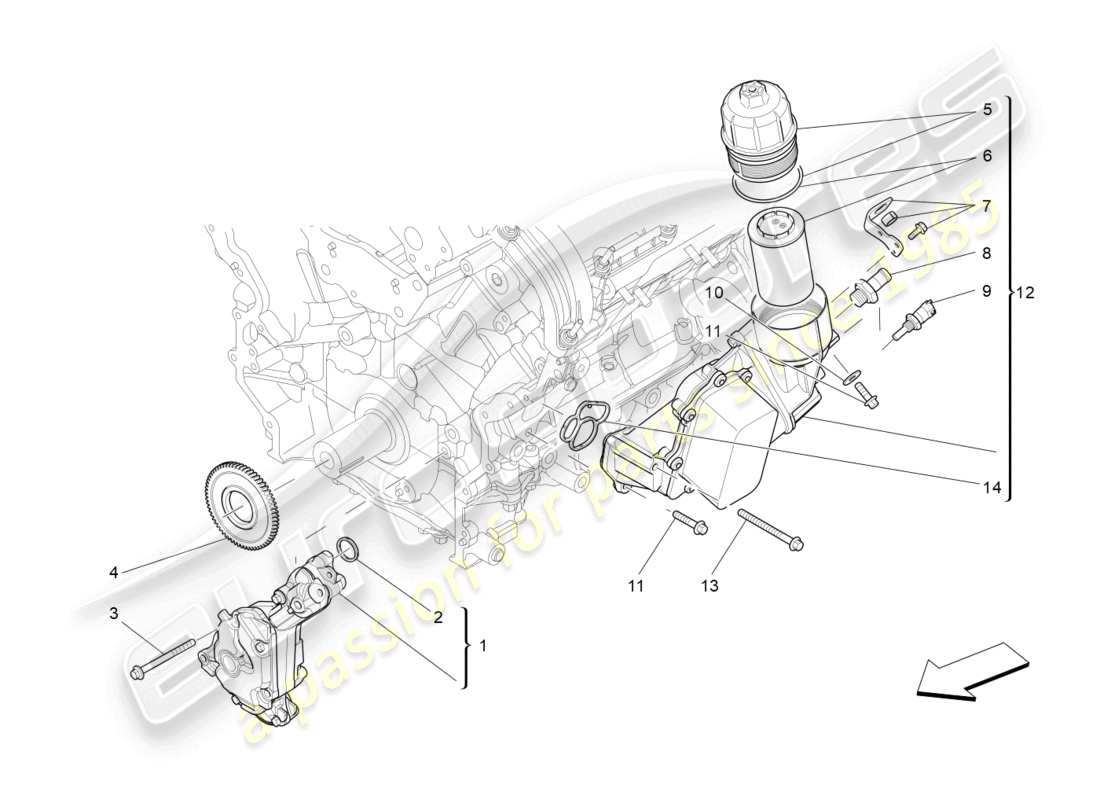 maserati levante (2018) système de lubrification : diagramme des pièces de la pompe et du filtre