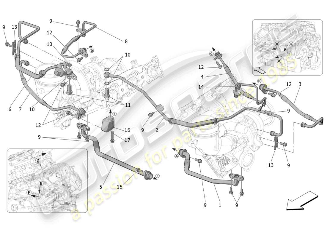 maserati mc20 (2022) système de turbocompression : lubrification et refroidissement schéma des pièces