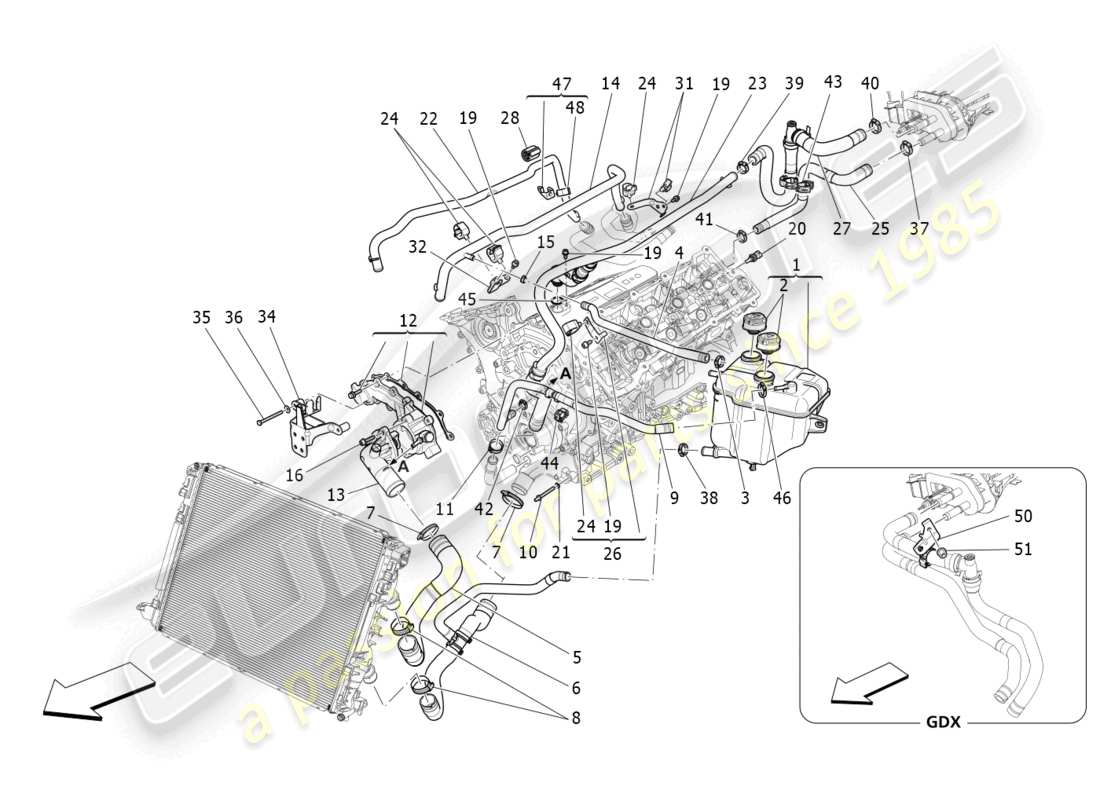 maserati levante (2018) système de refroidissement : diagramme de pièces nourice et lignes