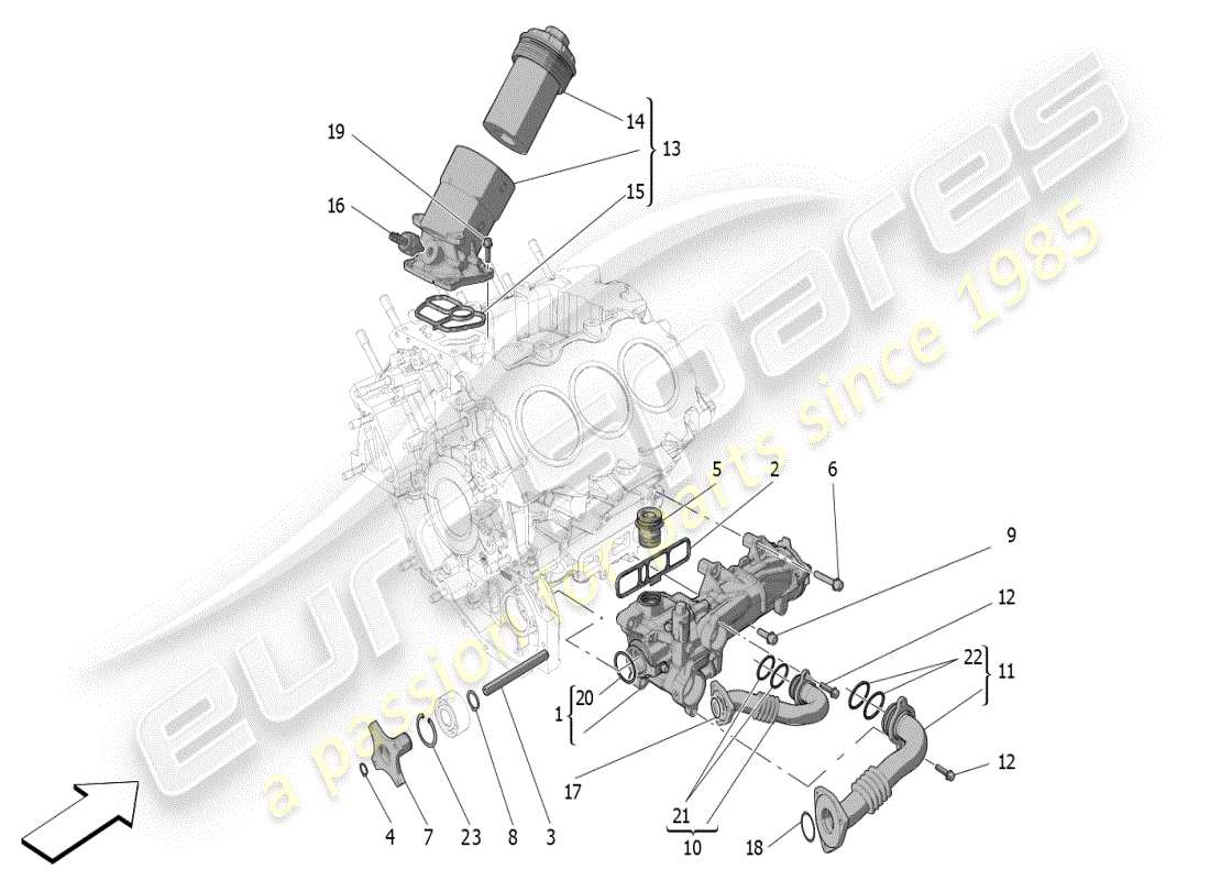 maserati mc20 (2024) système de lubrification : diagramme des pièces de la pompe et du filtre