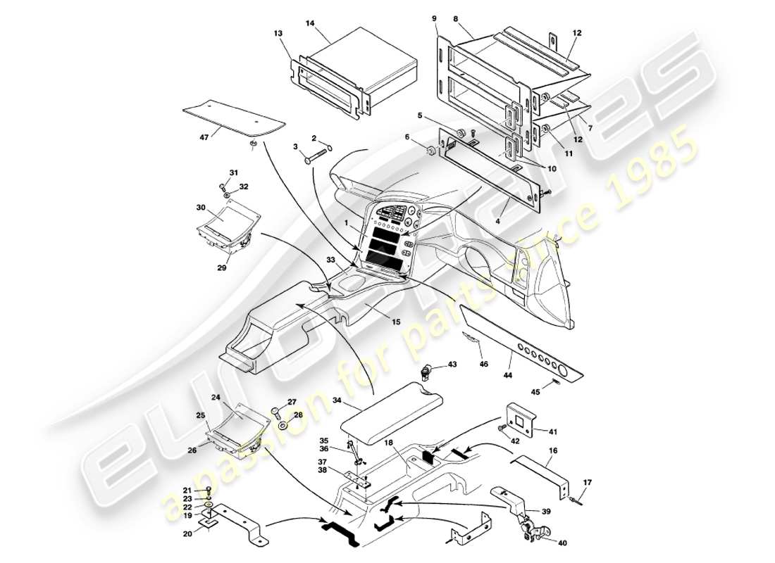 aston martin v8 volante (1999) diagramme des pièces de la console centrale et de la garniture