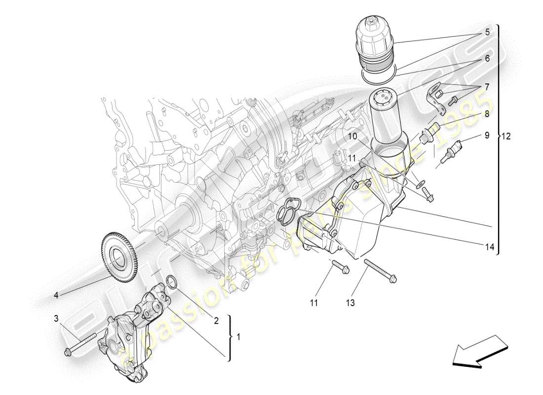 maserati ghibli (2019) système de lubrification : diagramme des pièces de la pompe et du filtre