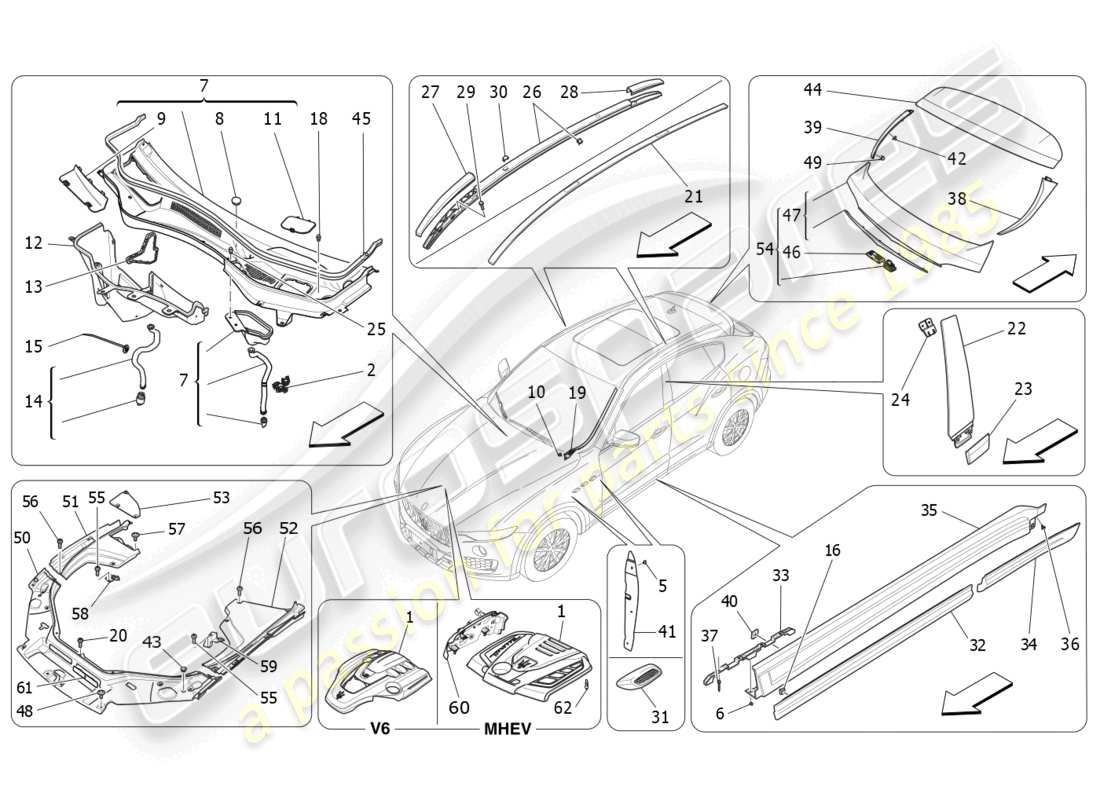 maserati levante tributo (2021) schéma des pièces des boucliers, des garnitures et des panneaux de revêtement