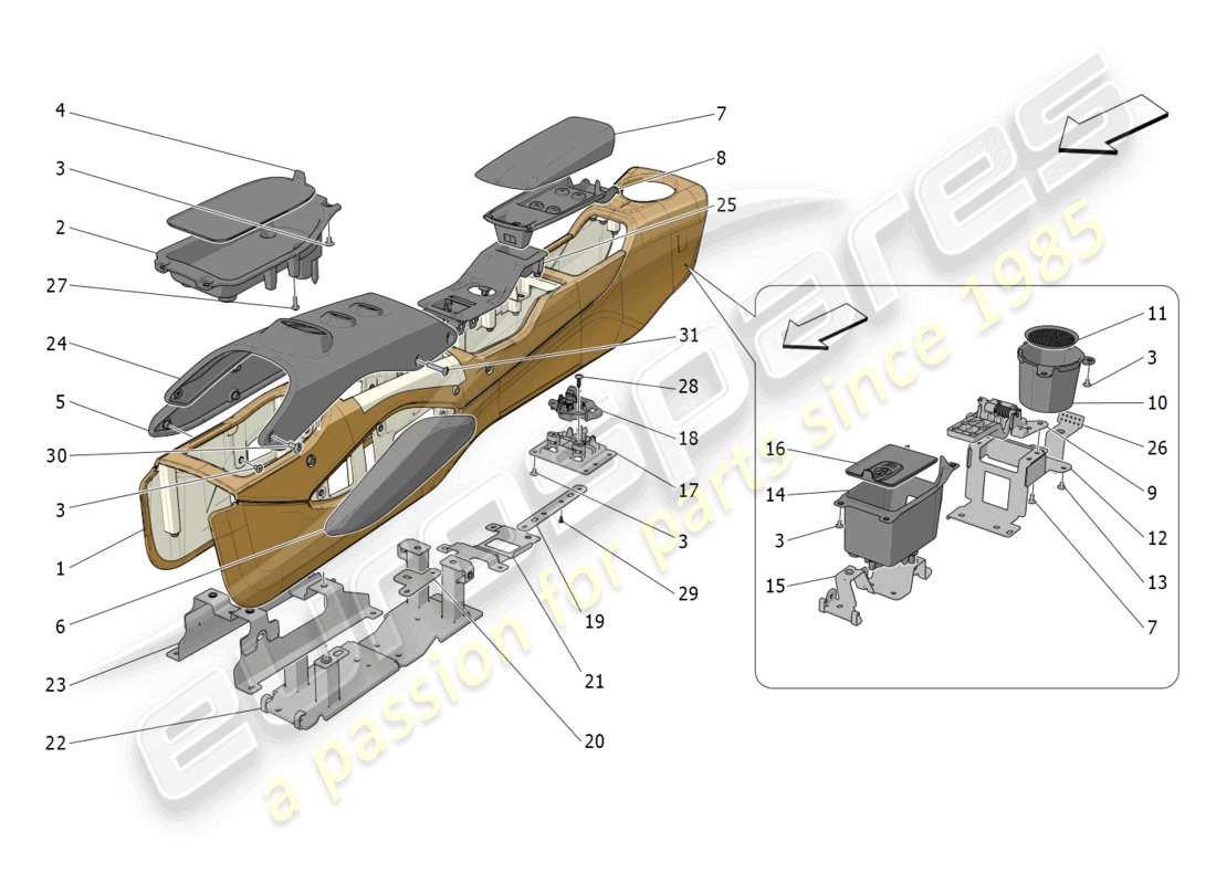 maserati mc20 (2023) console accessoire et console centrale schéma des pièces