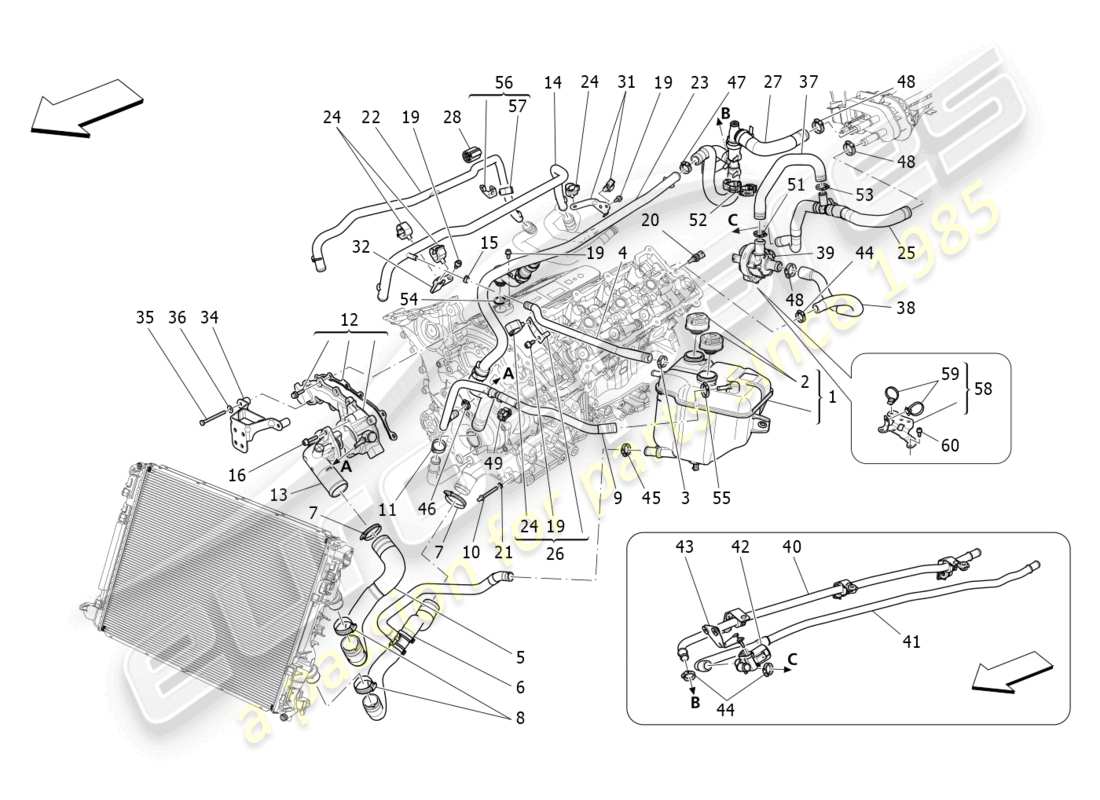 maserati quattroporte (2018) système de refroidissement : diagramme de pièces nourice et lignes