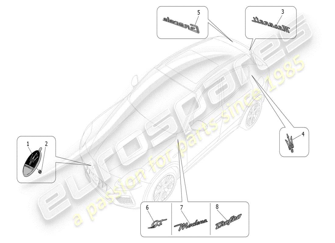 maserati grecale modena (2023) diagramme des pièces des garnitures, marques et symboles
