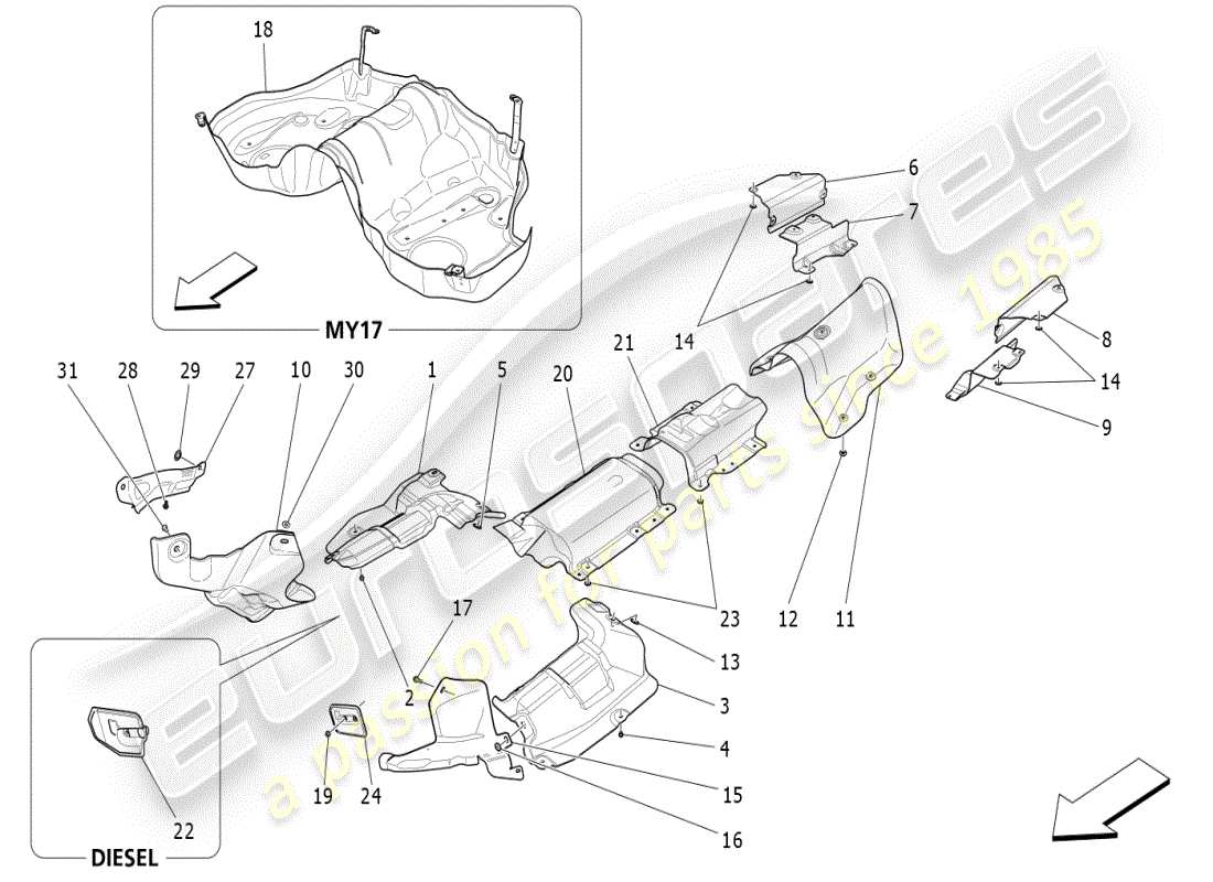 maserati ghibli (2020) panneaux d'isolation thermique schéma des pièces