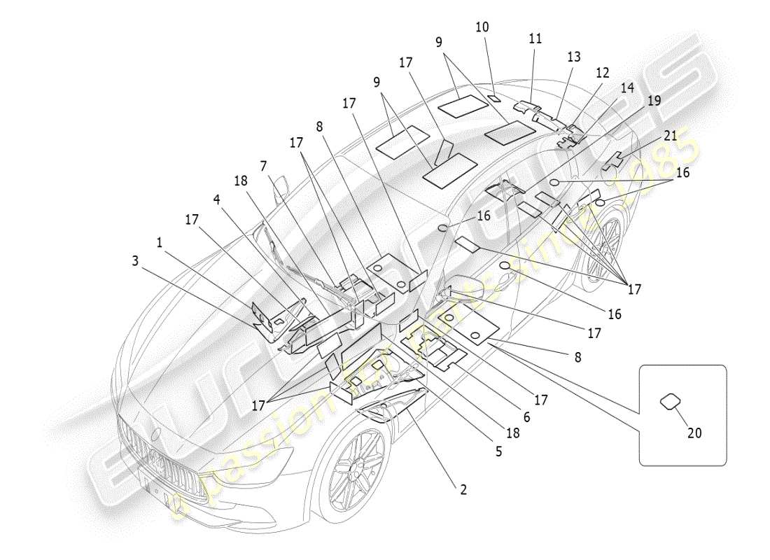 maserati ghibli (2019) panneaux d'insonorisation à l'intérieur du schéma des pièces du véhicule