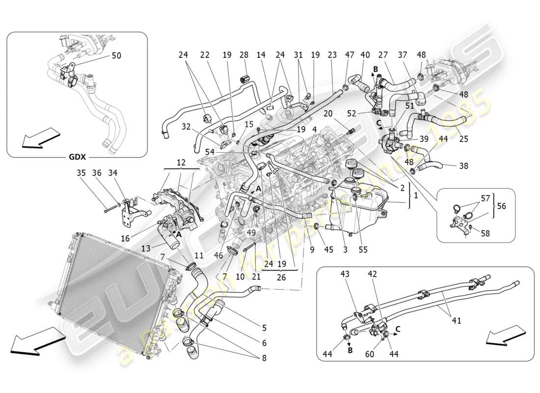 maserati levante (2020) système de refroidissement : diagramme de pièces nourice et lignes