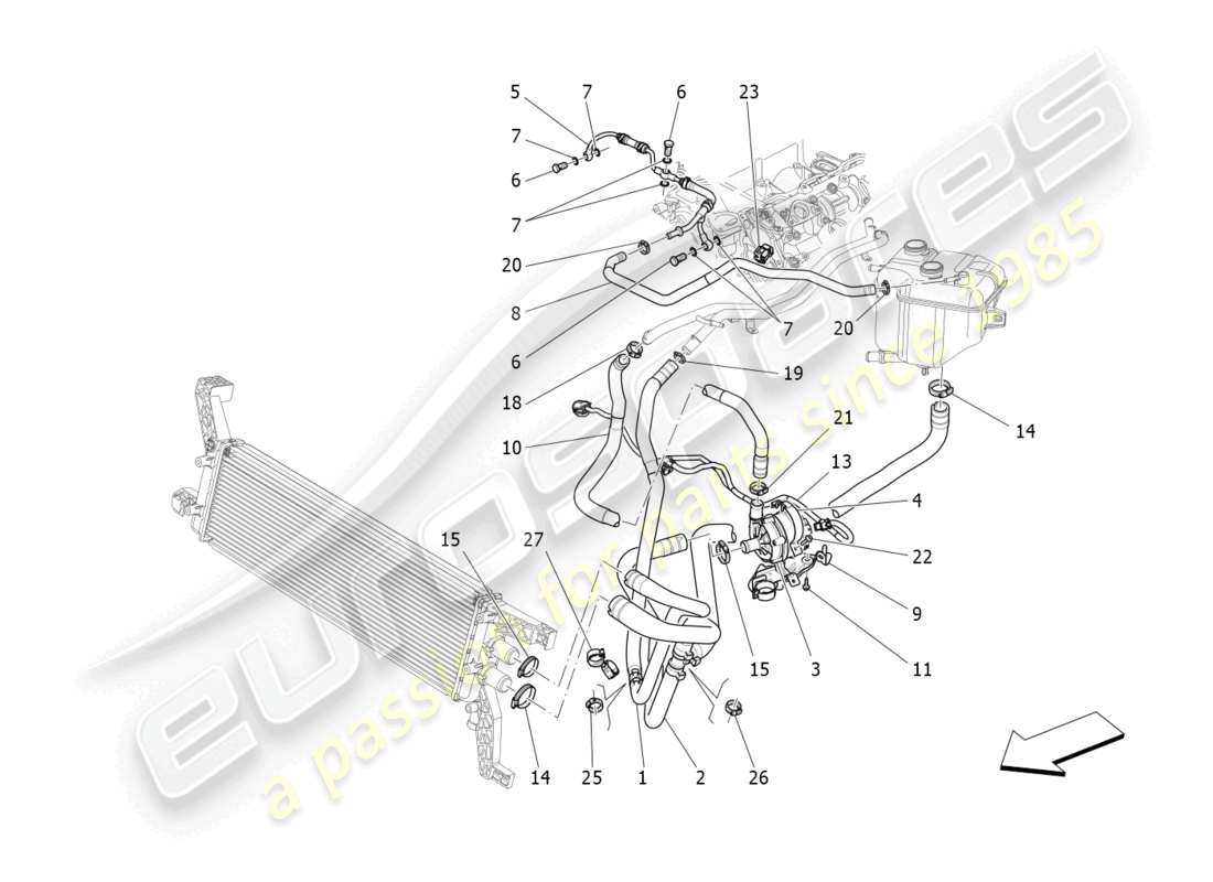 maserati levante gts (2020) système de refroidissement : diagramme de pièces nourice et lignes