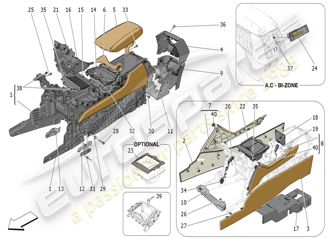 maserati grecale modena (2023) schéma des pièces de la console d'accessoires et de la console centrale