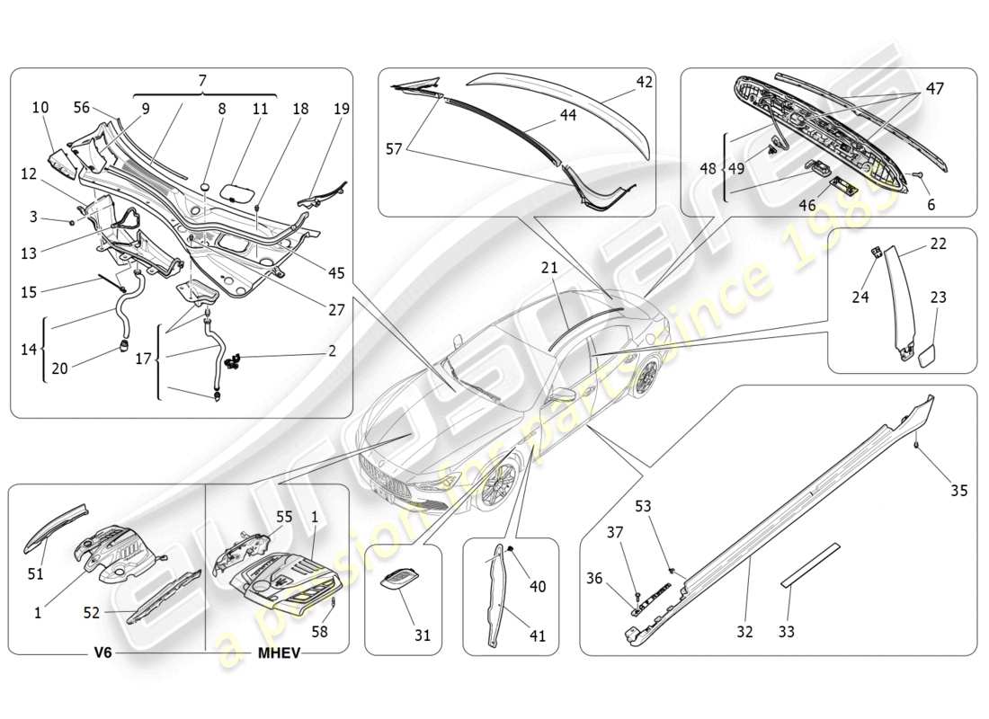 maserati ghibli fragment (2022) schéma des pièces des boucliers, des garnitures et des panneaux de revêtement