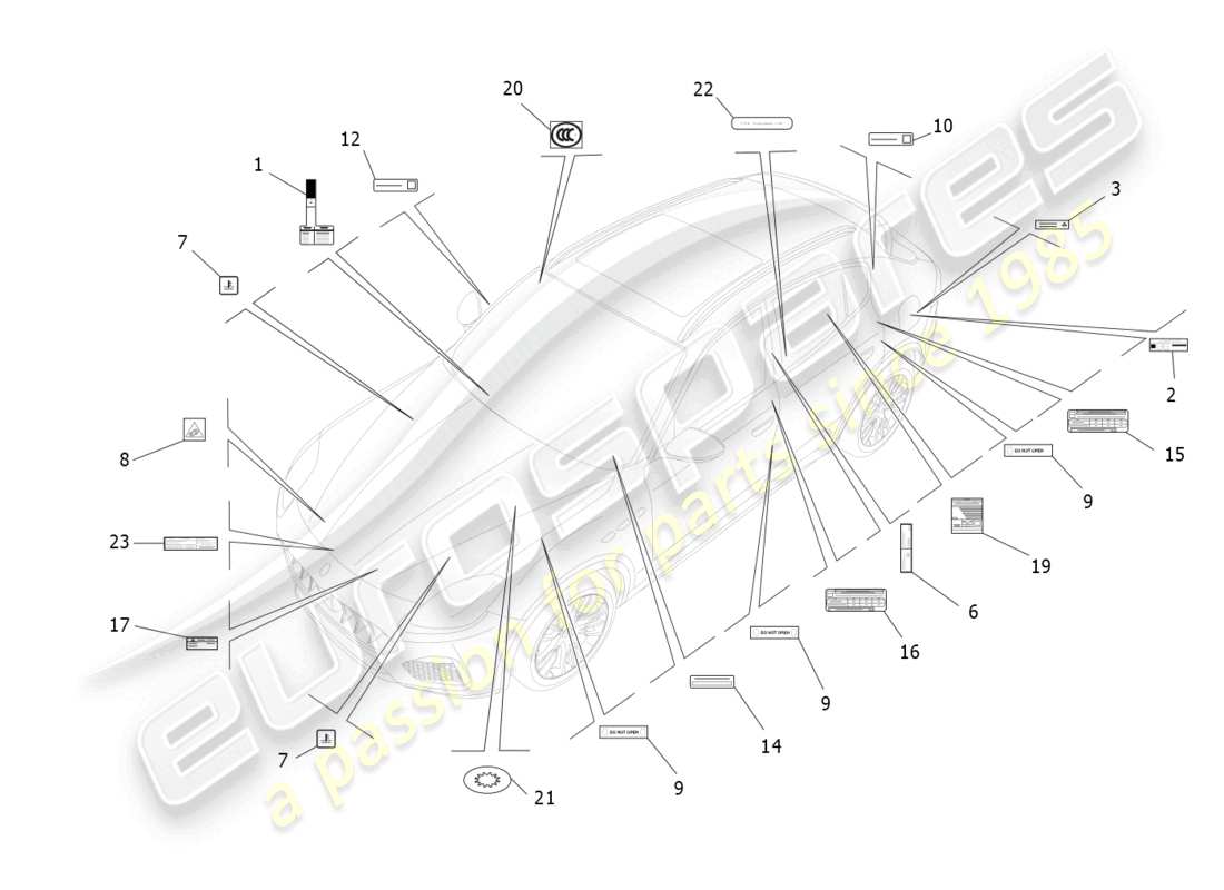 maserati grecale gt (2023) diagramme de pièces d'autocollants et d'étiquettes