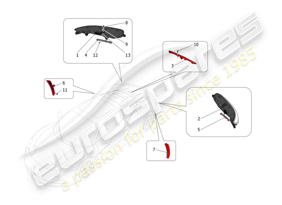 maserati mc20 (2022) diagramme des pièces des groupes de feux arrière