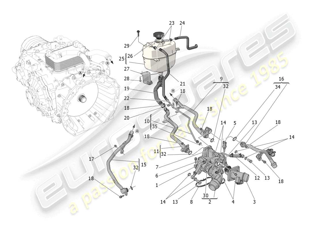 maserati mc20 (2022) système de refroidissement : diagramme de pièces nourice et lignes