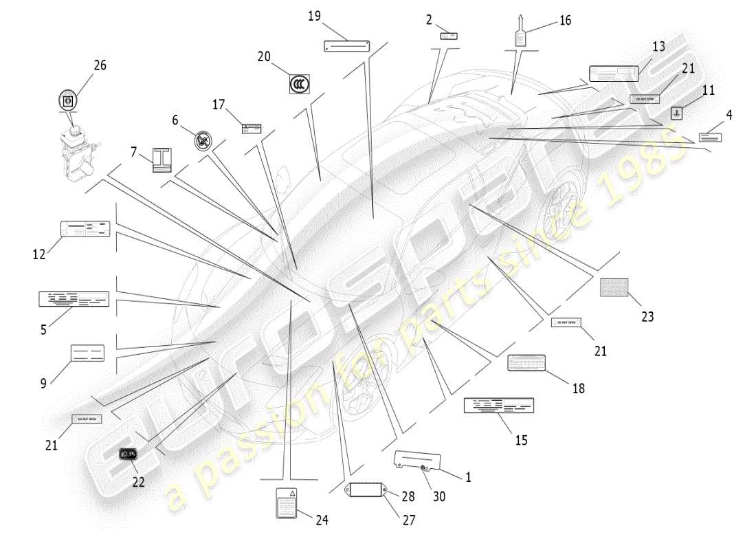 maserati mc20 (2024) diagramme de pièces d'autocollants et d'étiquettes