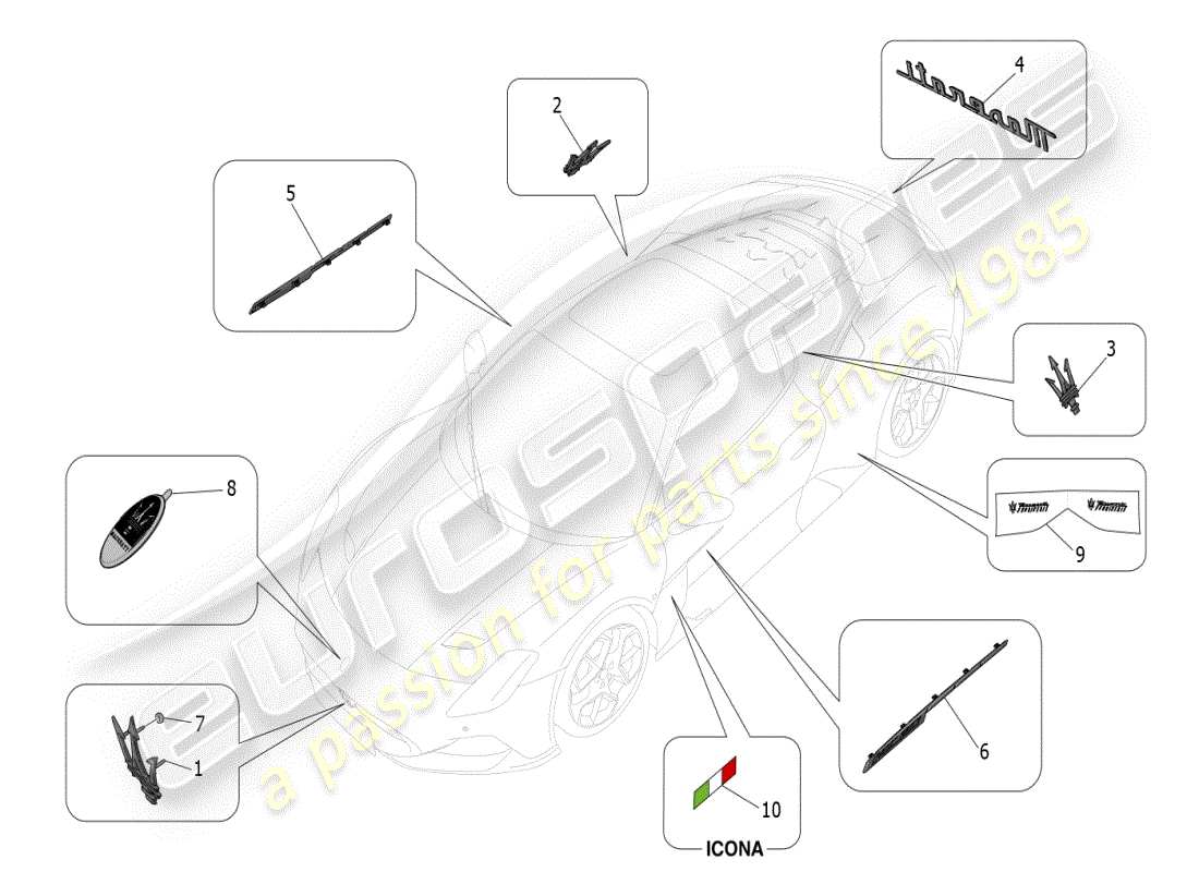 maserati mc20 (2024) diagramme des pièces des garnitures, marques et symboles
