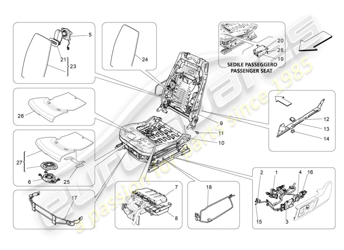 maserati ghibli fragment (2022) sièges avant : schéma des pièces mécaniques et électroniques