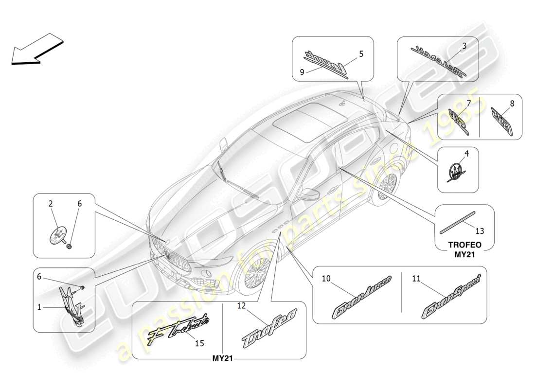 maserati levante (2018) diagramme des pièces des garnitures, marques et symboles