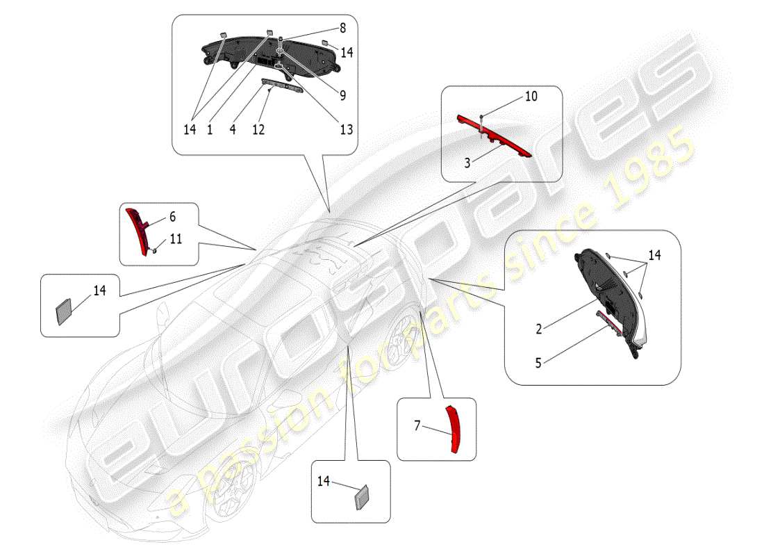 maserati mc20 (2024) diagramme des pièces des groupes de feux arrière