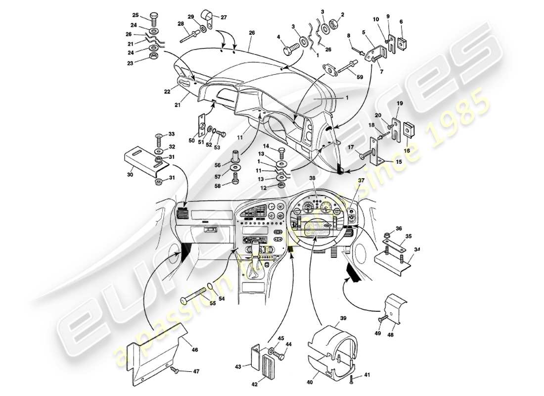 aston martin v8 volante (2000) schéma des pièces du carénage et des garnitures