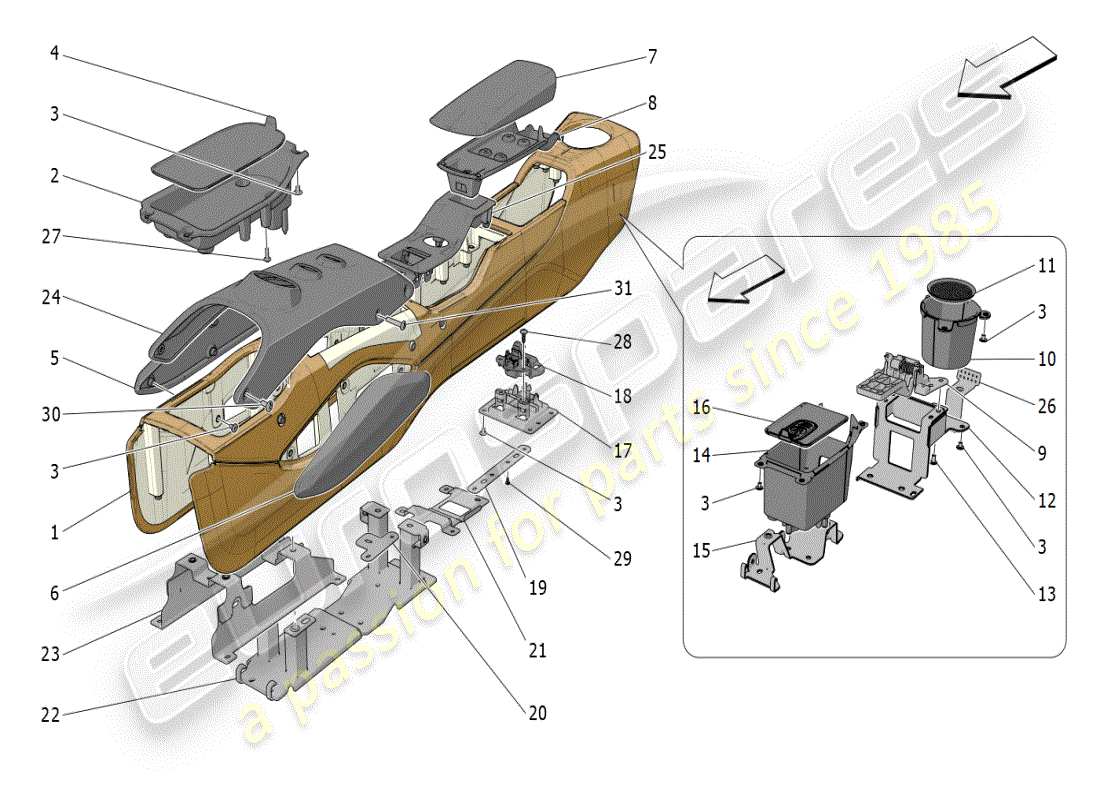 maserati mc20 (2024) schéma des pièces de la console d'accessoires et de la console centrale