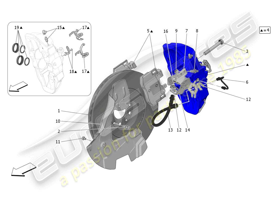 maserati grecale gt (2023) schéma des pièces des dispositifs de freinage sur les roues avant