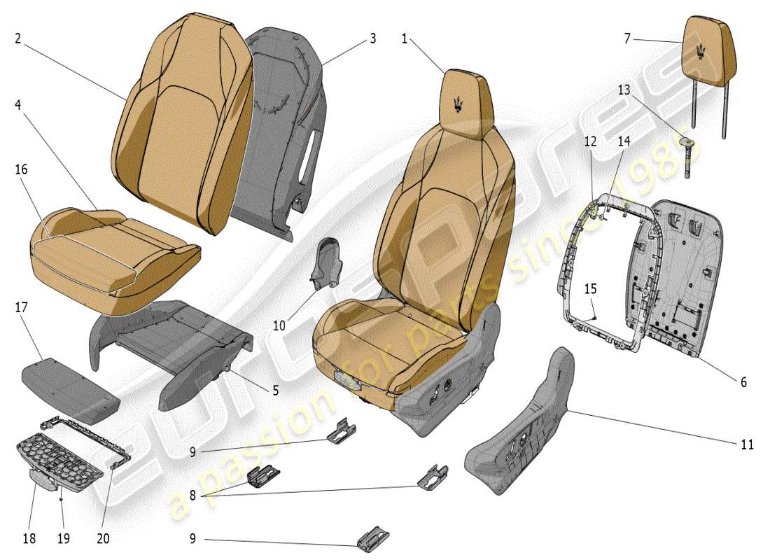 maserati grecale modena (2023) sièges avant : diagramme de pièces des panneaux de garniture
