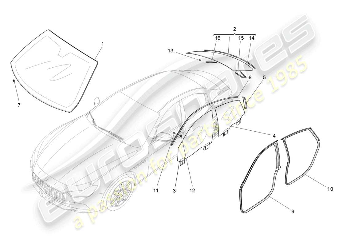 maserati ghibli (2017) diagramme de pièces de fenêtres et de bandes de fenêtre