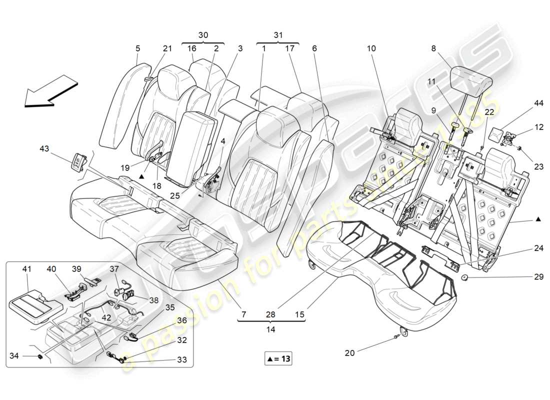 maserati ghibli (2017) sièges arrière : diagramme de pièces des panneaux de garniture