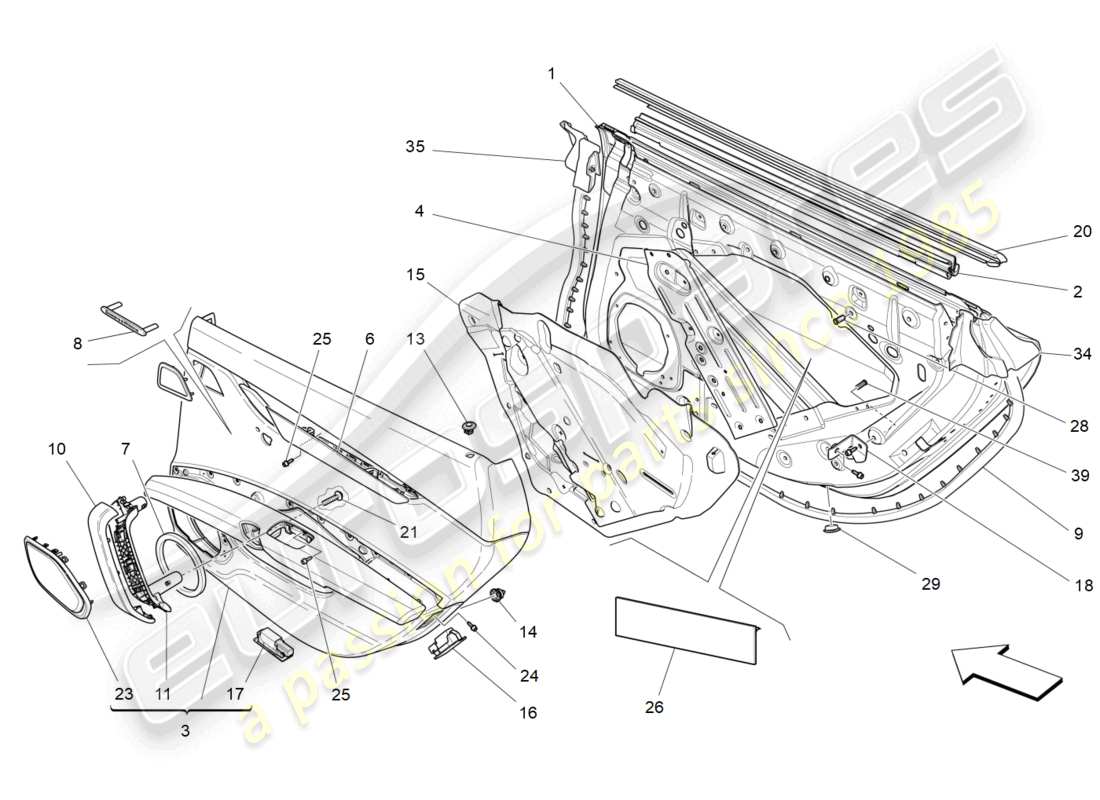 maserati ghibli (2018) portes arrière : diagramme de pièces des panneaux de garniture