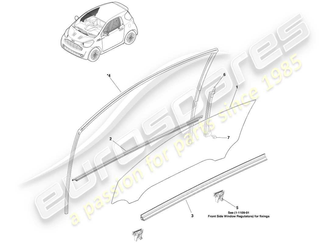 aston martin cygnet (2012) schéma des pièces en verre de la porte d'entrée