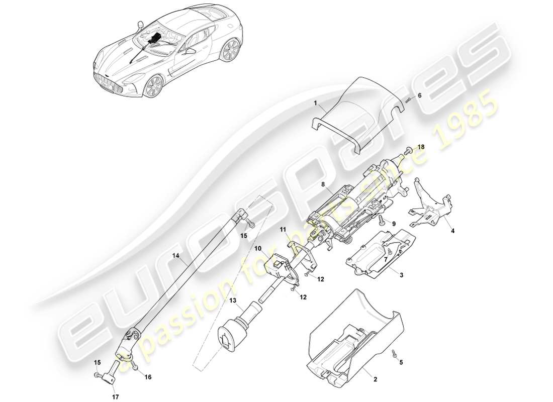 aston martin one-77 (2011) assemblage de colonne de direction schéma des pièces