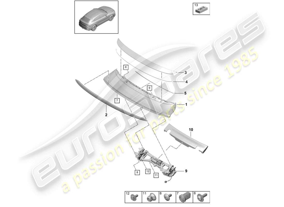 porsche 2021 (cayenne e3 9ya/9yb) schéma des pièces du becquet arrière du turbo turbo coupé