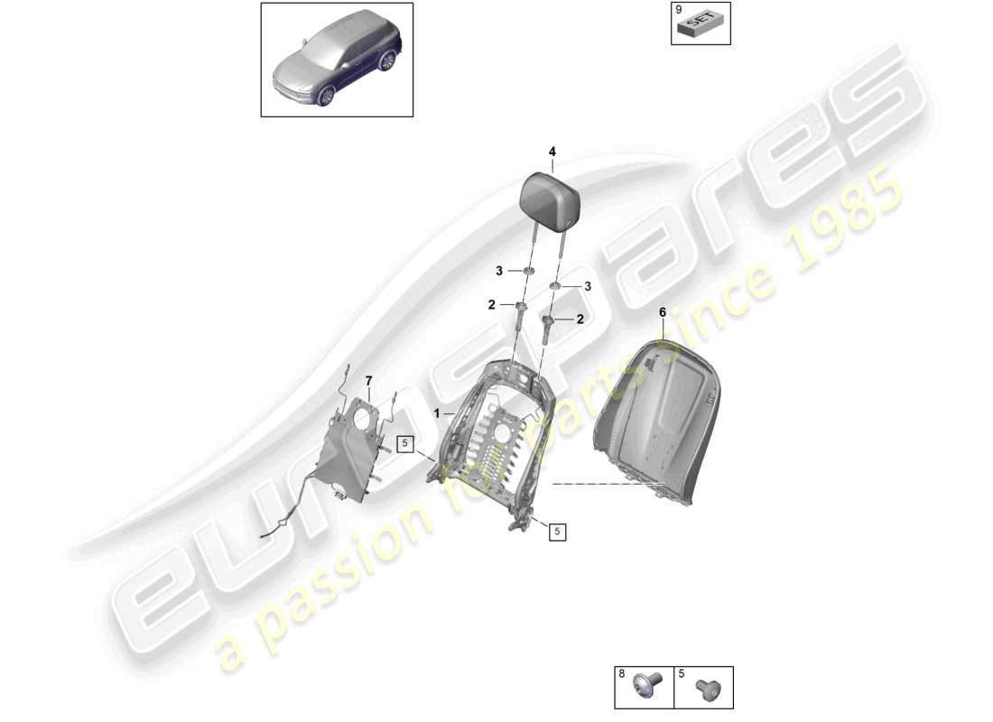 porsche 2021 (cayenne e3 9ya/9yb) cadre de dossier coque de dossier siège confort diagramme des pièces
