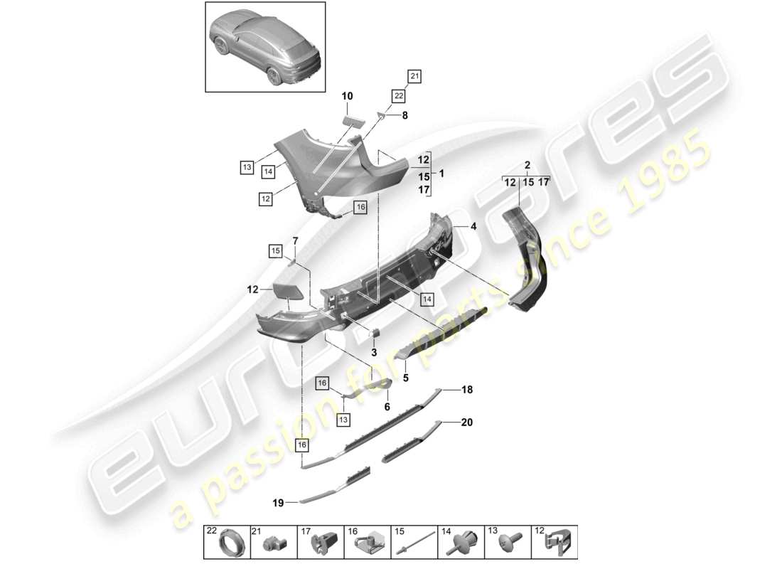 porsche 2024 (cayenne e3 9ya/9yb) schéma des pièces du pare-chocs arrière du pack coupé sport design (version carbone)