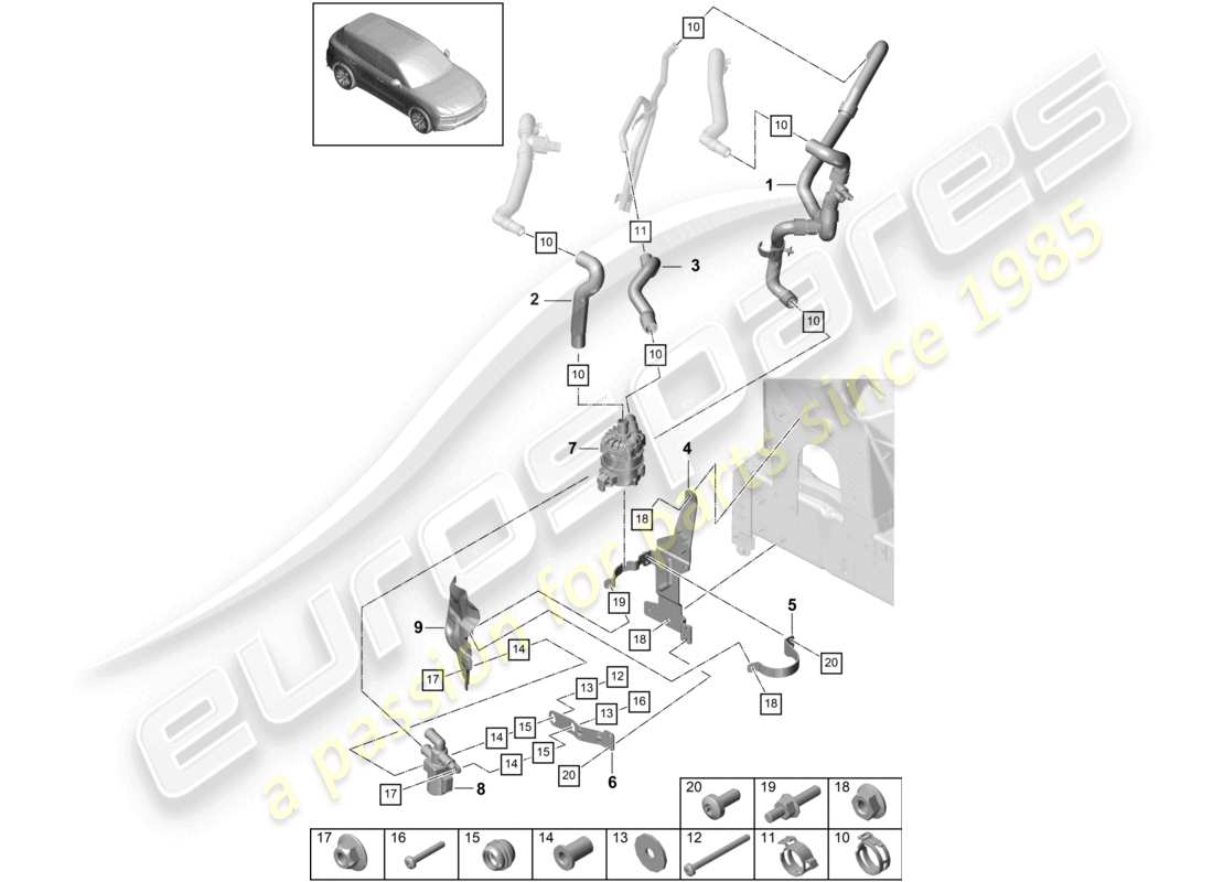 porsche 2024 (cayenne e3 9ya/9yb) chauffage v8 circuit basse température avant gauche pour véhicules à propulsion hybride schéma des pièces