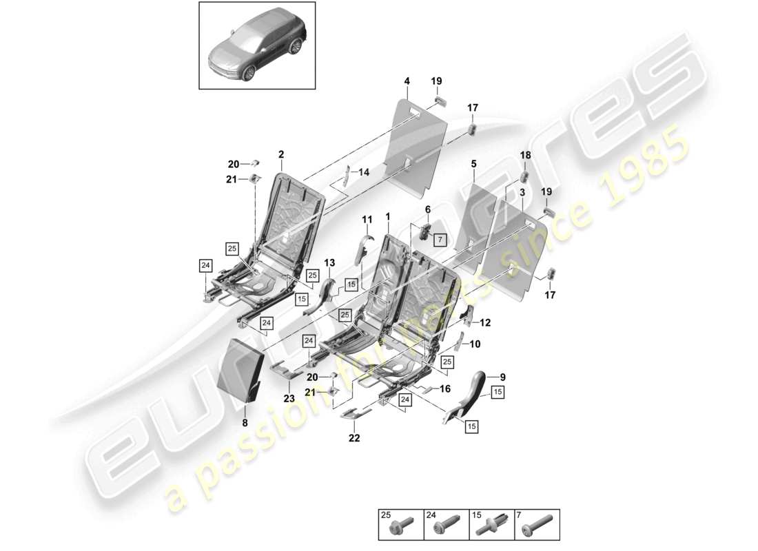 porsche 2024 (cayenne e3 9ya/9yb) schéma des pièces des accessoires de garniture de dossier de siège arrière de siège sport