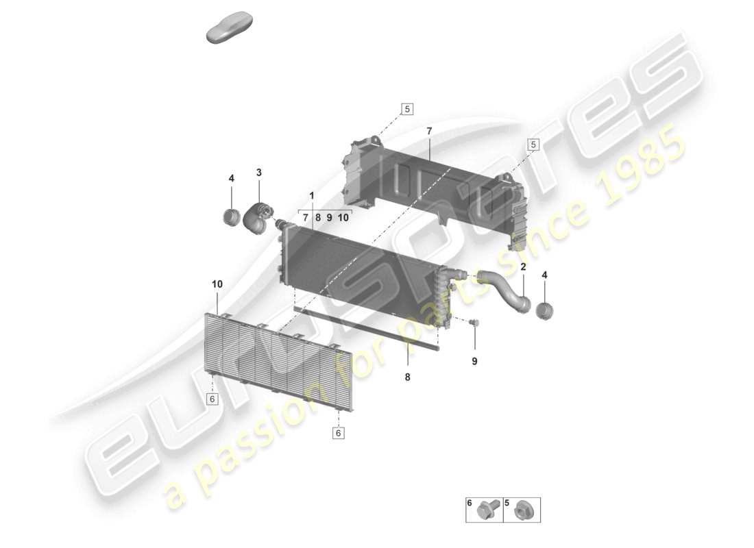 porsche 2022 (992-1 turbo / s) radiateur de liquide de refroidissement avant central pour véhicules avec radiateur de liquide de refroidissement supplémentaire schéma des pièces