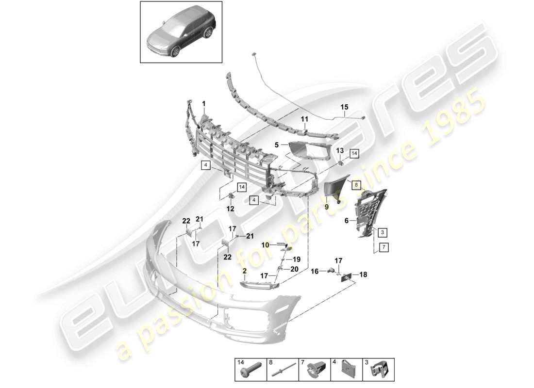 porsche 2021 (cayenne e3 9ya/9yb) pare-chocs turbo pièces individuelles et fixations diagramme des pièces