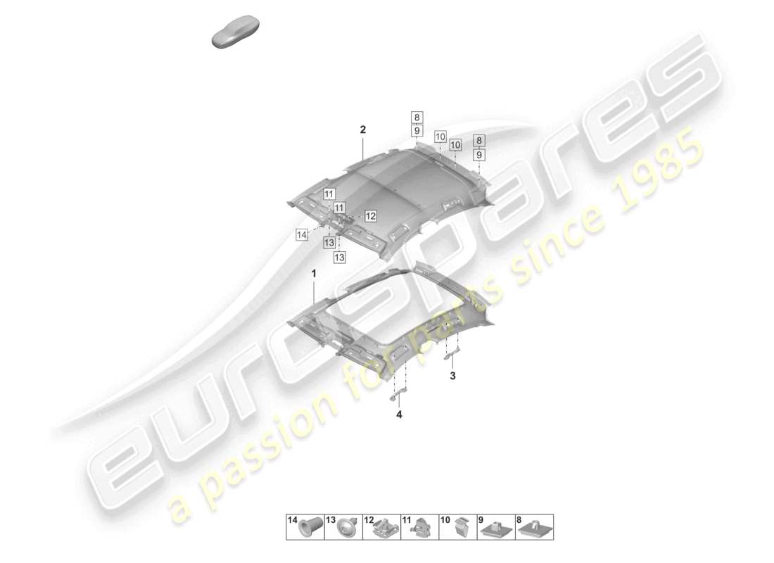 porsche 2025 (taycan 9j1-2) garniture de toit garniture de pavillon moulée diagramme des pièces