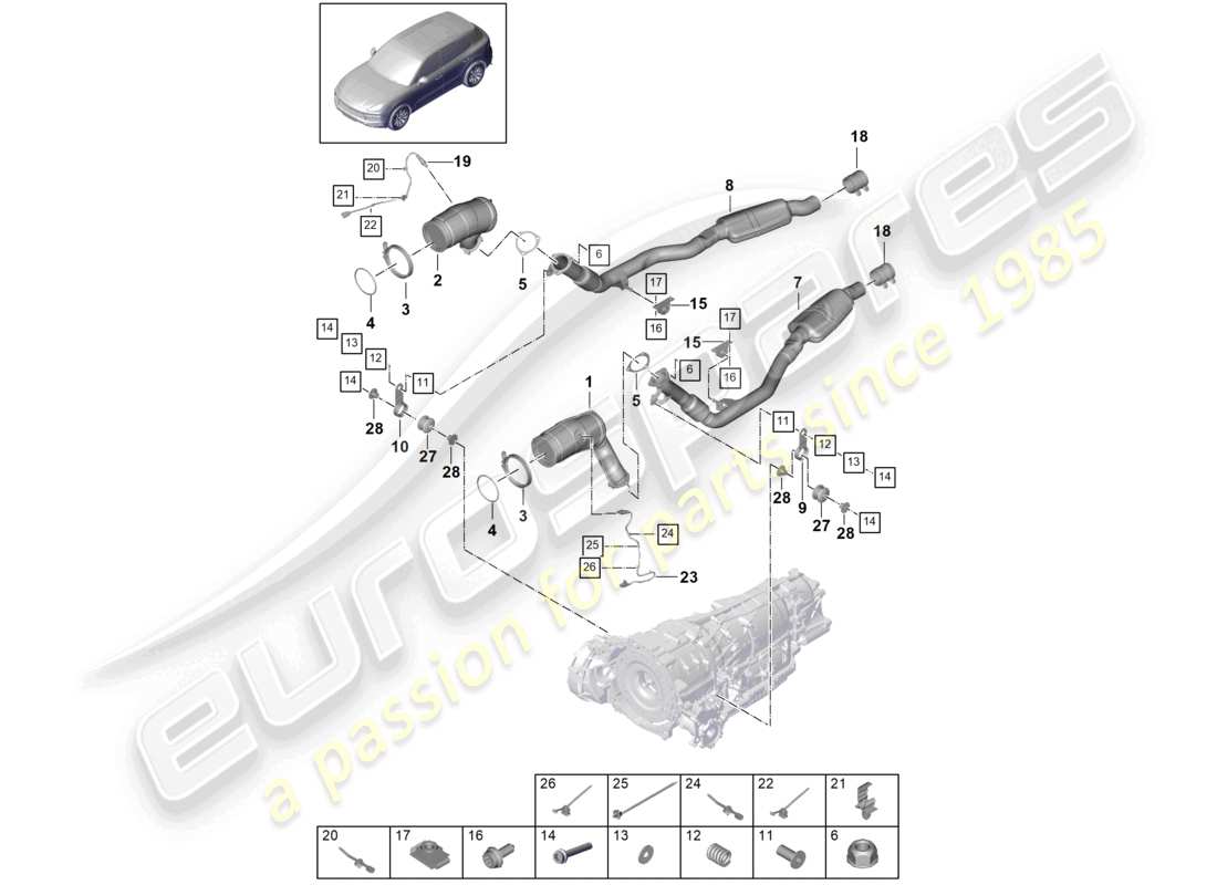 porsche 2021 (cayenne e3 9ya/9yb) système d'échappement convertisseur catalytique sonde lambda schéma des pièces du convertisseur catalytique