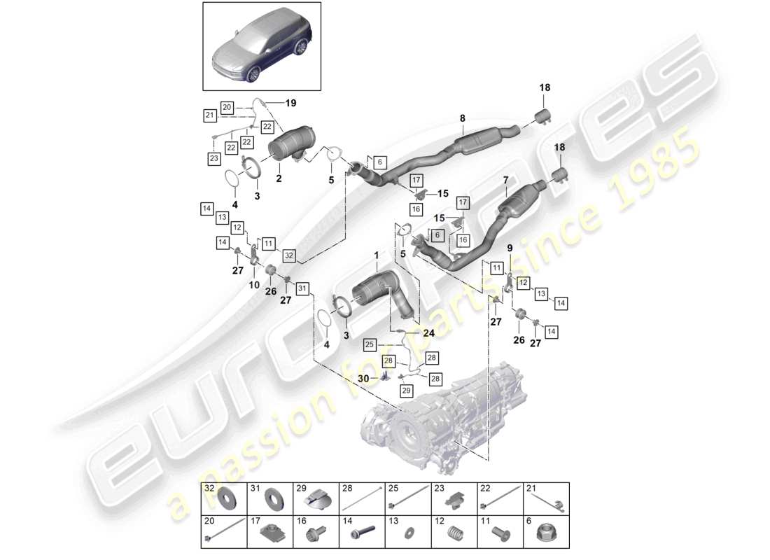 porsche 2021 (cayenne e3 9ya/9yb) système d'échappement convertisseur catalytique sonde lambda schéma des pièces