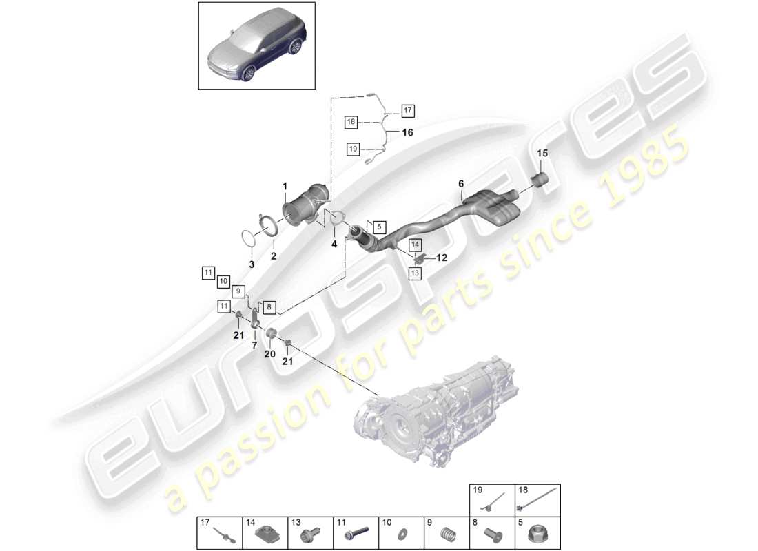 porsche 2021 (cayenne e3 9ya/9yb) système d'échappement convertisseur catalytique sonde lambda schéma des pièces