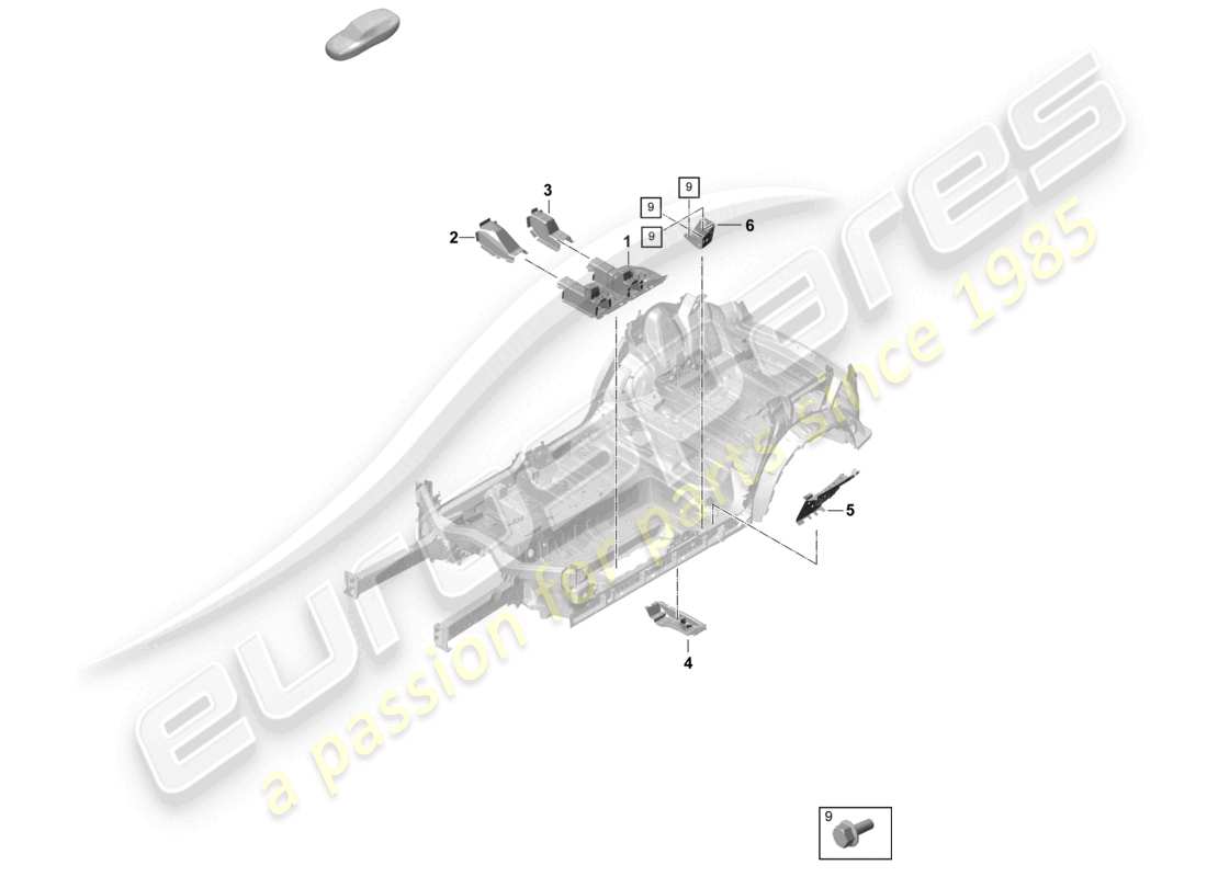 porsche 2025 (cayenne e3 pa) schéma des pièces du centre de support de siège avant de la plaque inférieure