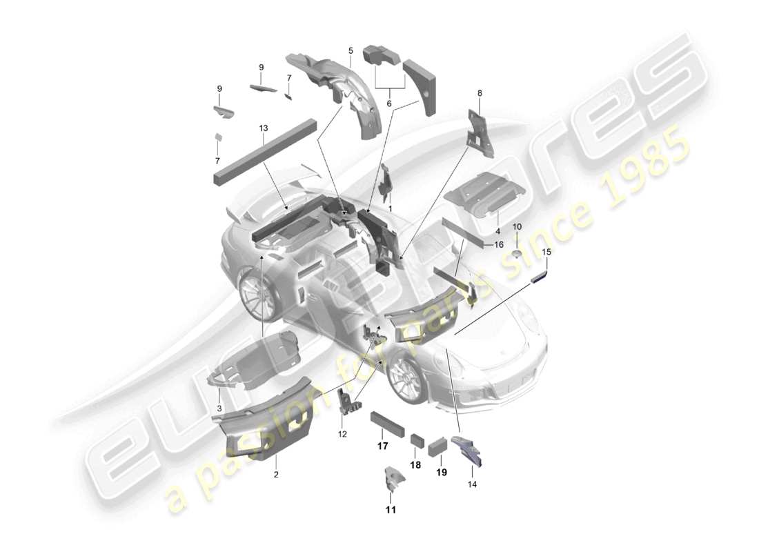 porsche 2021 (991-2 r/gt3/rs) schéma des pièces de l'absorbeur de bruit de carrosserie
