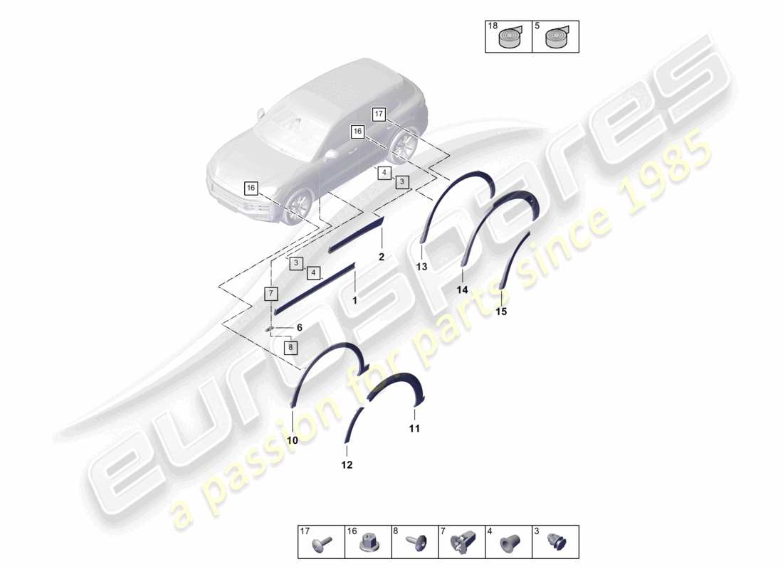 porsche 2026 (cayenne e3 pa) schéma des pièces de la moulure de recouvrement de passage de roue pour porte coupé